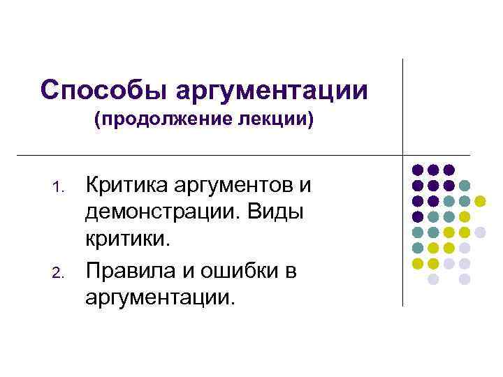 Способы аргументации (продолжение лекции) 1. 2. Критика аргументов и демонстрации. Виды критики. Правила и