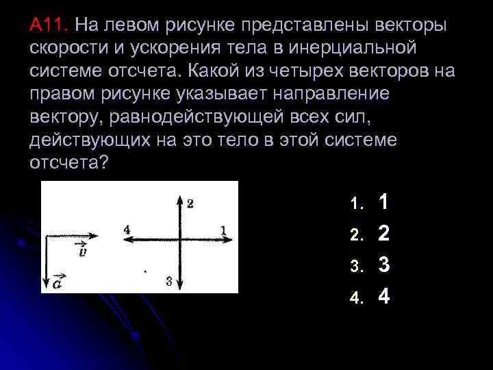 На рисунке показаны три силы. На левом рисунке представлены векторы скорости. Направление вектора равнодействующей всех сил. Вектор силы действующий на тело. На левом рисунке представлены векторы скорости и ускорения тела.