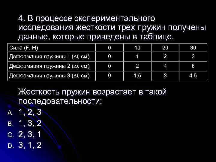 4. В процессе экспериментального исследования жесткости трех пружин получены данные, которые приведены в таблице.