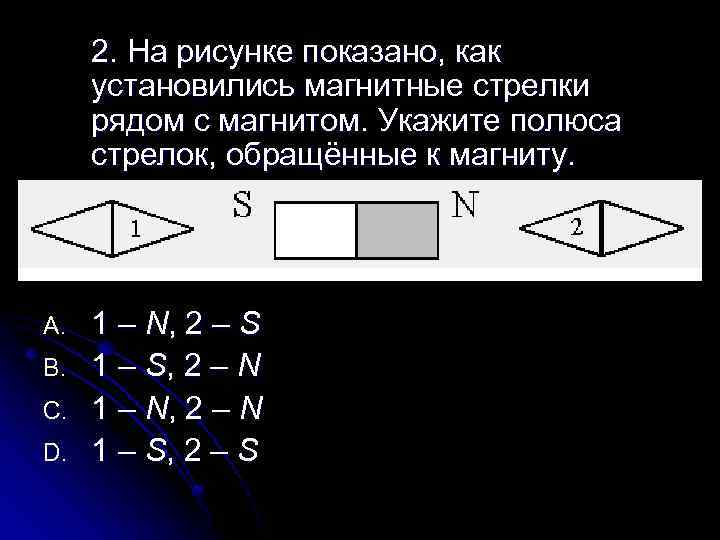 2. На рисунке показано, как установились магнитные стрелки рядом с магнитом. Укажите полюса стрелок,