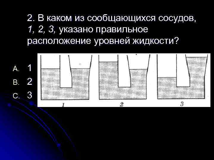 2. В каком из сообщающихся сосудов, 1, 2, 3, указано правильное расположение уровней жидкости?