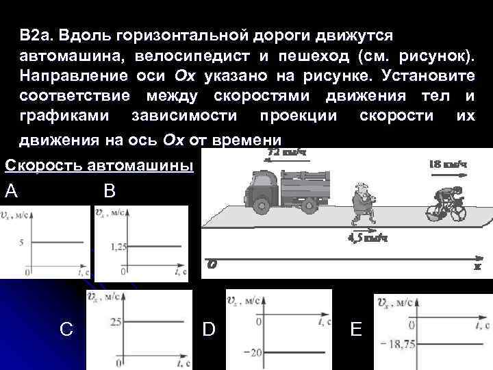 B 2 a. Вдоль горизонтальной дороги движутся автомашина, велосипедист и пешеход (см. рисунок). Направление