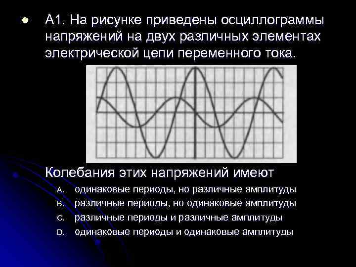 l A 1. На рисунке приведены осциллограммы напряжений на двух различных элементах электрической цепи