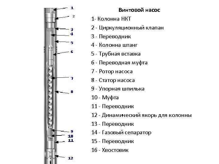 Винтовой насос 1 - Колонна НКТ 2 - Циркуляционный клапан 3 - Переводник 4