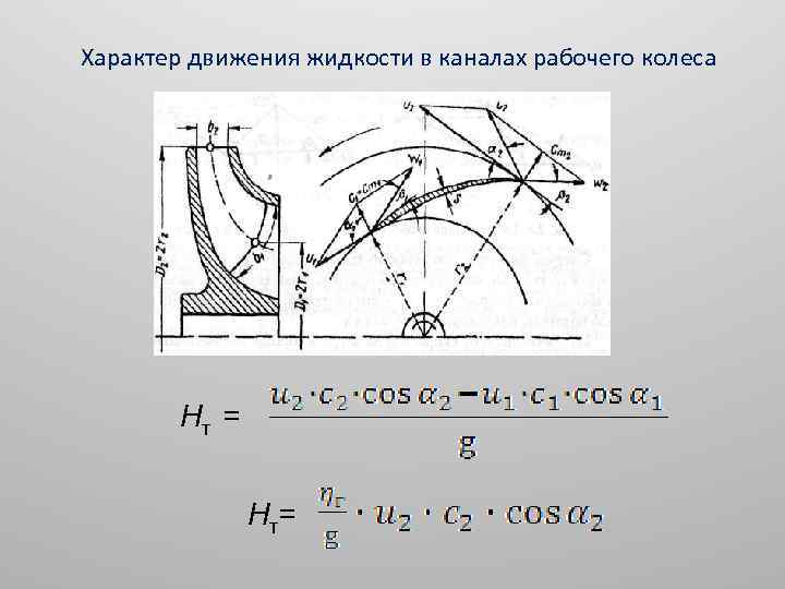 Характер движения жидкости в каналах рабочего колеса Hт = H т= 