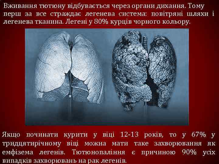 Вживання тютюну відбувається через органи дихання. Тому перш за все страждає легенева система: повітряні