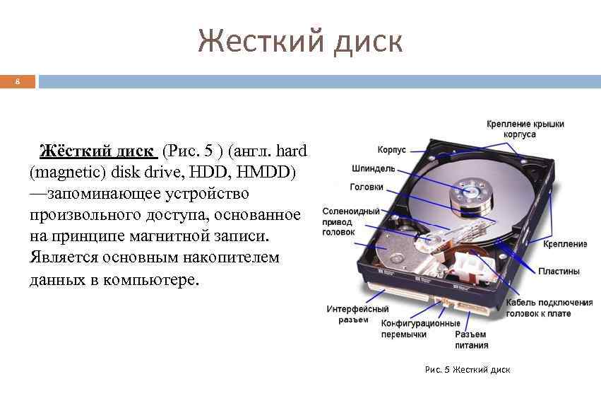 Жесткий диск 8 Жёсткий диск (Рис. 5 ) (англ. hard (magnetic) disk drive, HDD,