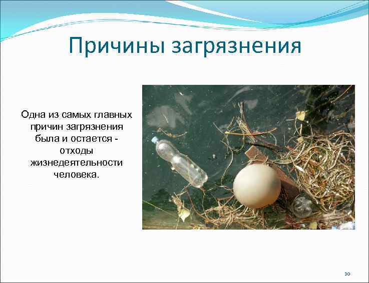 Причины загрязнения Одна из самых главных причин загрязнения была и остается - отходы жизнедеятельности