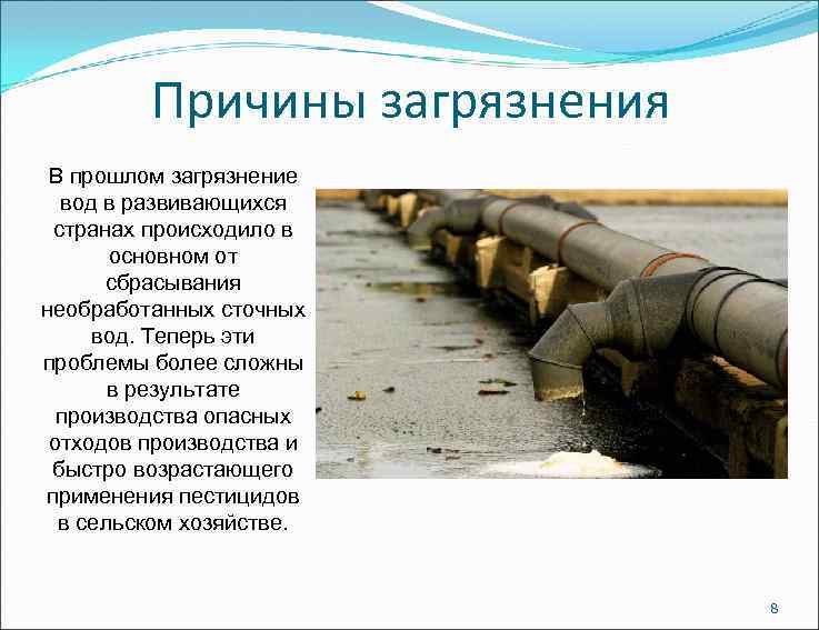 Причины загрязнения В прошлом загрязнение вод в развивающихся странах происходило в основном от сбрасывания