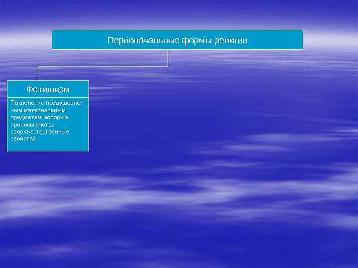 Первоначальные формы религии Фетишизм Поклонение неодушевленным материальным предметам, которым приписываются сверхъестественные свойства 