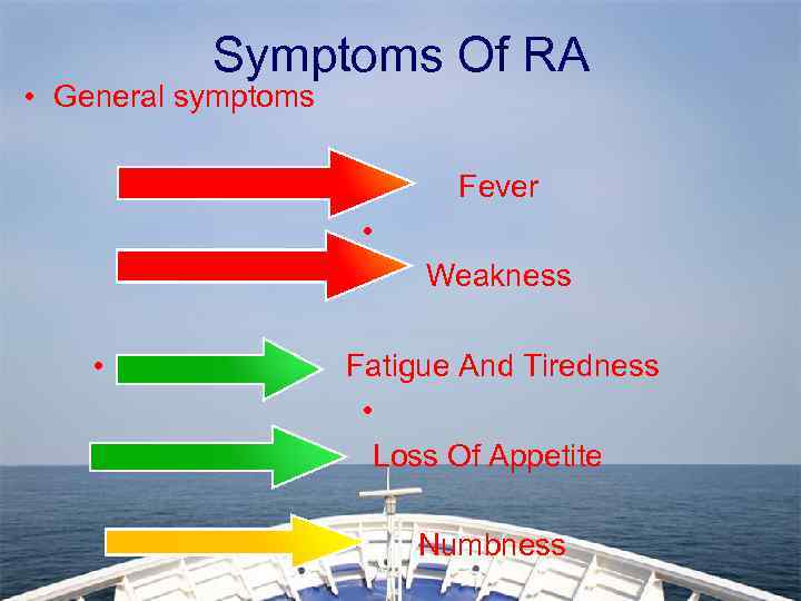 Symptoms Of RA • General symptoms • Fever • • Weakness • Fatigue And