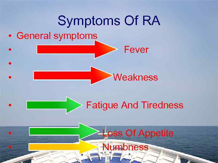 Symptoms Of RA • • General symptoms Fever Weakness • Fatigue And Tiredness •