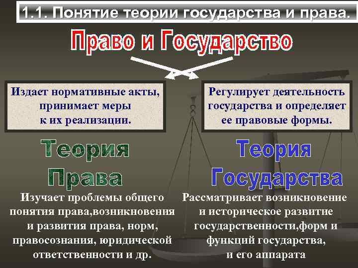 1. 1. Понятие теории государства и права. Издает нормативные акты, принимает меры к их