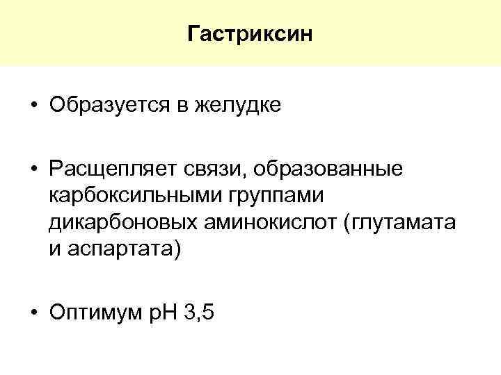 Гастриксин • Образуется в желудке • Расщепляет связи, образованные карбоксильными группами дикарбоновых аминокислот (глутамата