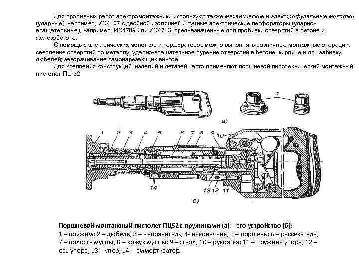 Для пробивных работ электромонтажники используют также механические и электрофугальные молотки (ударные), например, ИЭ 4207