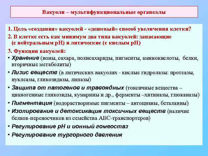 Вакуоли – мультифункциональные органеллы 1. Цель «создания» вакуолей - «дешевый» способ увеличения клетки? 2.