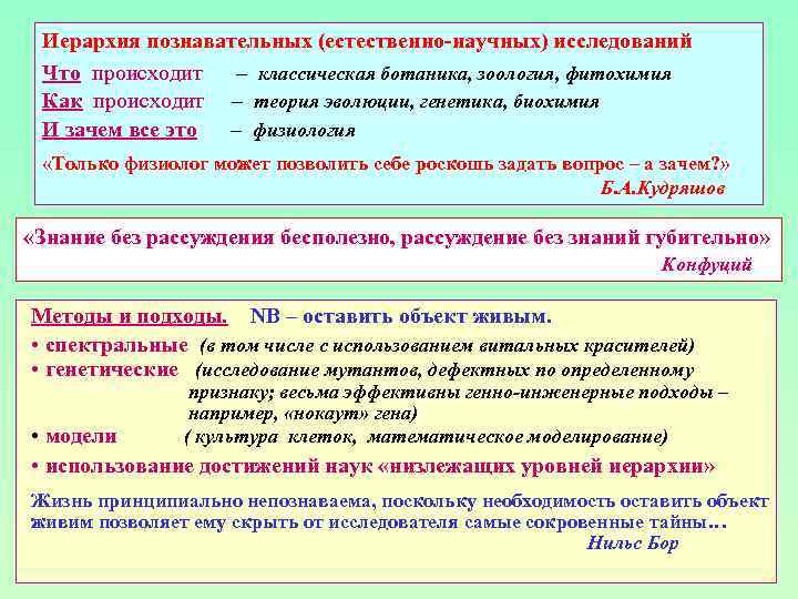 Иерархия познавательных (естественно-научных) исследований Что происходит – классическая ботаника, зоология, фитохимия Как происходит –