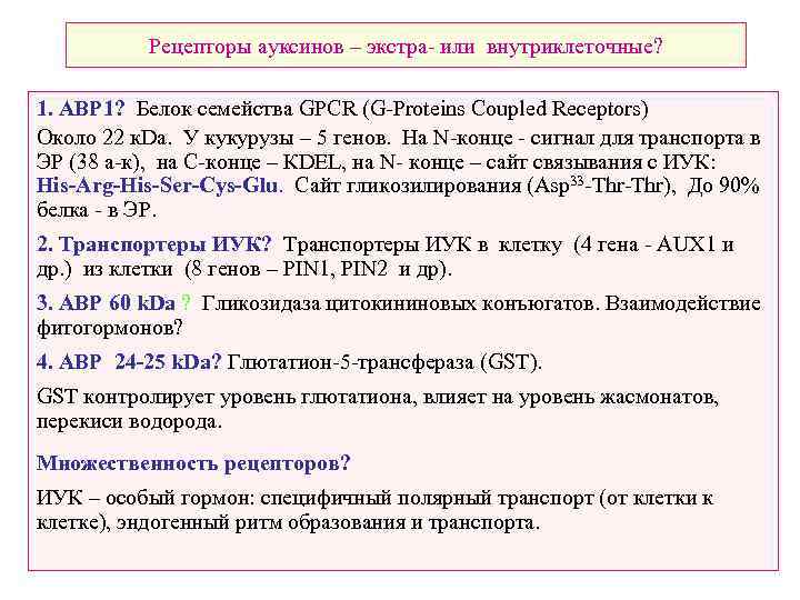 Рецепторы ауксинов – экстра- или внутриклеточные? 1. ABP 1? Белок семейства GPCR (G-Proteins Coupled
