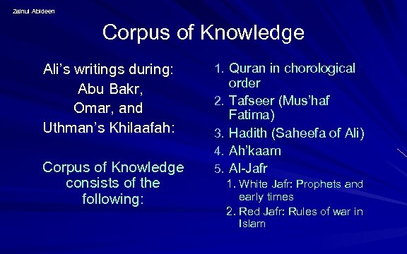 Zainul Abideen Corpus of Knowledge Ali’s writings during: Abu Bakr, Omar, and Uthman’s Khilaafah: