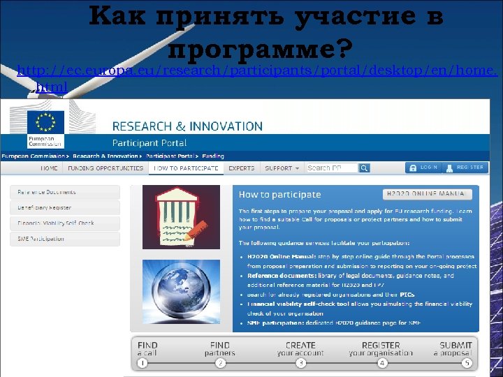 Как принять участие в программе? http: //ec. europa. eu/research/participants/portal/desktop/en/home. html 