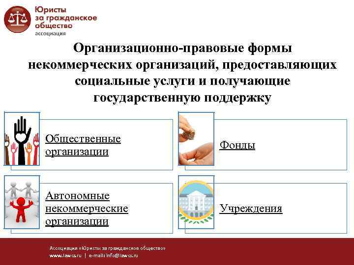 Организационно-правовые формы некоммерческих организаций, предоставляющих социальные услуги и получающие государственную поддержку Общественные организации Фонды