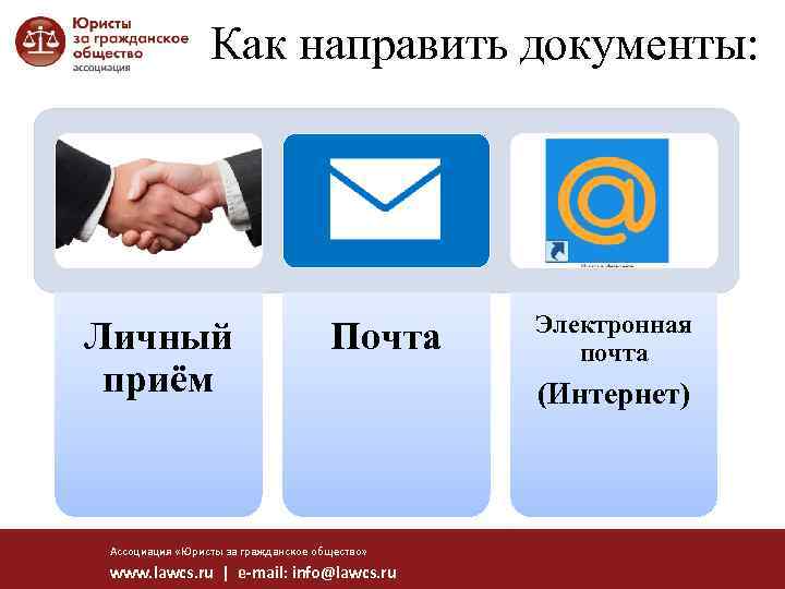 Как направить документы: Личный приём Почта Ассоциация «Юристы за гражданское общество» www. lawcs. ru