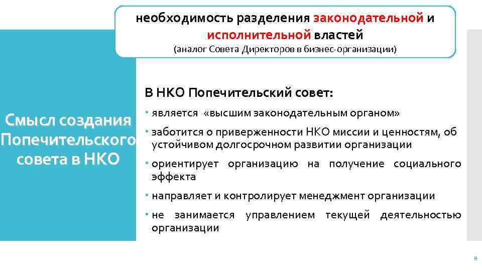 необходимость разделения законодательной и исполнительной властей Смысл создания Попечительского совета в НКО (аналог Совета