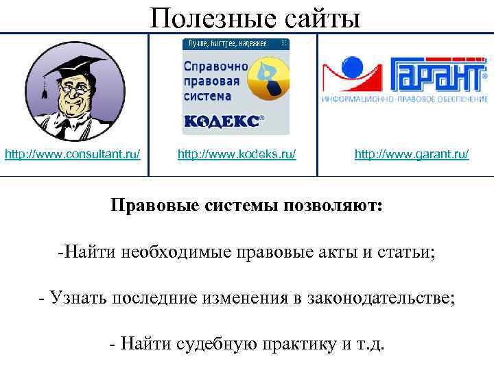 Полезные сайты http: //www. consultant. ru/ http: //www. kodeks. ru/ http: //www. garant. ru/