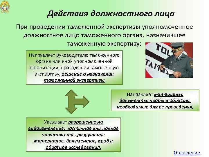 Действия должностного лица При проведении таможенной экспертизы уполномоченное должностное лицо таможенного органа, назначившее таможенную