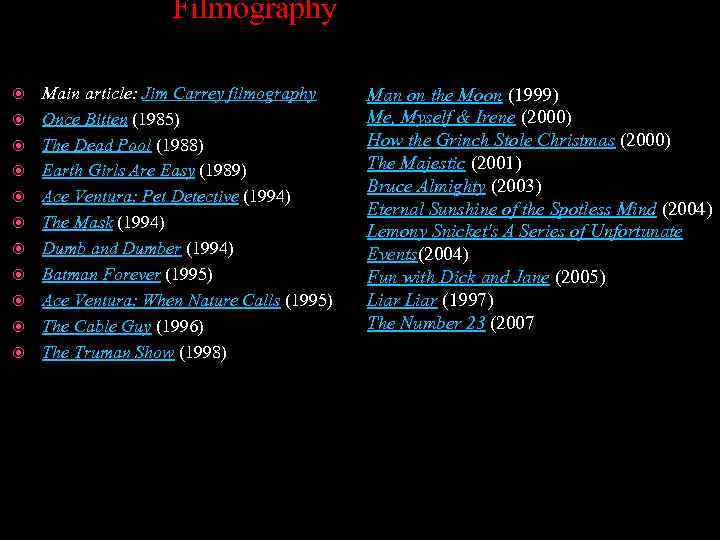  Filmography Main article: Jim Carrey filmography Once Bitten (1985) The Dead Pool (1988)