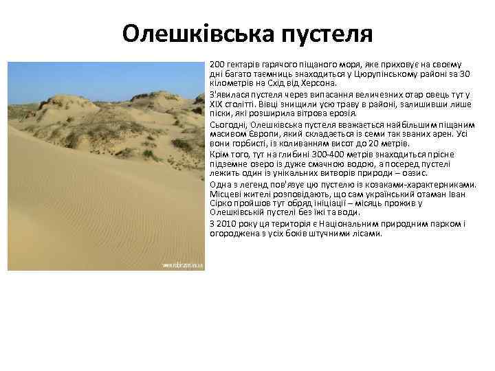 Олешківська пустеля 200 гектарів гарячого піщаного моря, яке приховує на своєму дні багато таємниць