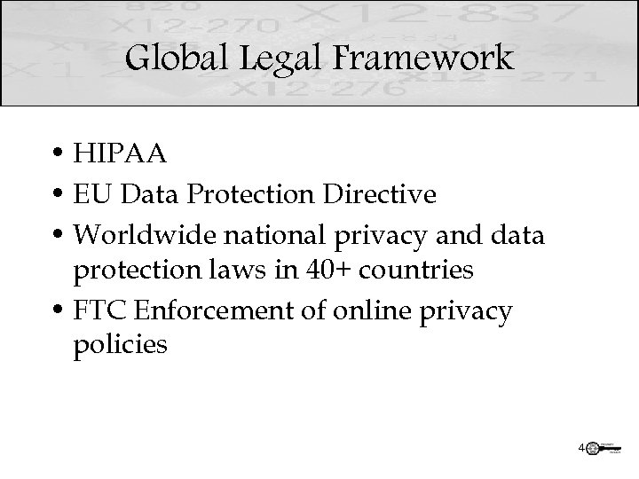 Global Legal Framework • HIPAA • EU Data Protection Directive • Worldwide national privacy