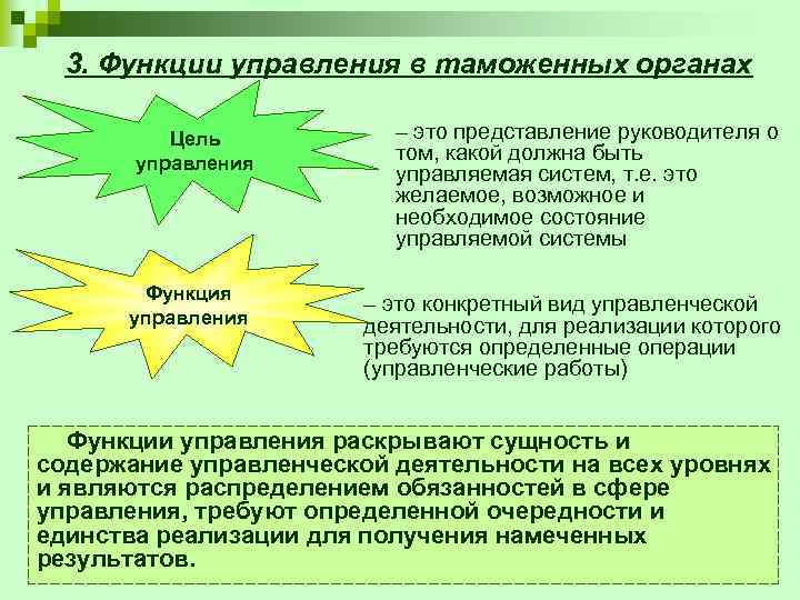 3. Функции управления в таможенных органах Цель управления Функция управления – это представление руководителя