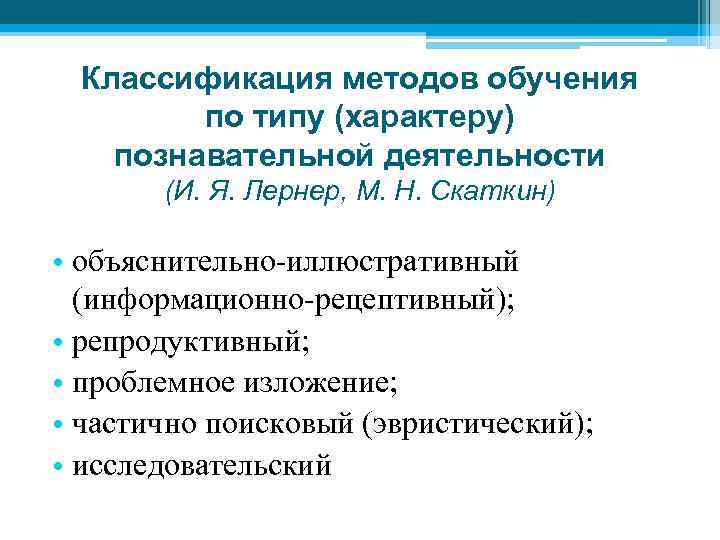 Классификация методов обучения по типу (характеру) познавательной деятельности (И. Я. Лернер, М. Н. Скаткин)