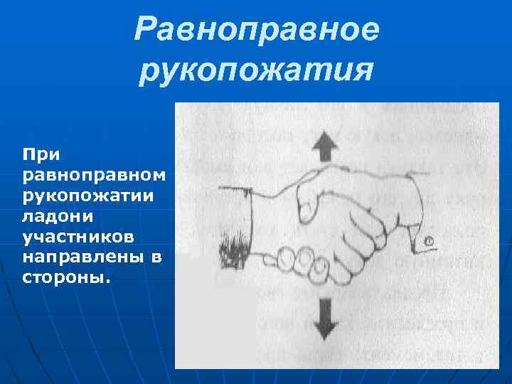 Равноправное рукопожатия При равноправном рукопожатии ладони участников направлены в стороны. 