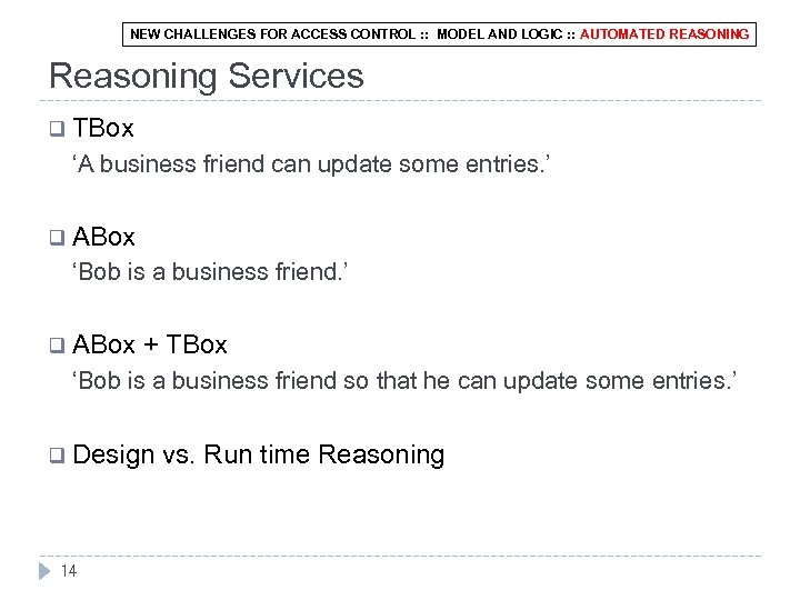 NEW CHALLENGES FOR ACCESS CONTROL : : MODEL AND LOGIC : : AUTOMATED REASONING