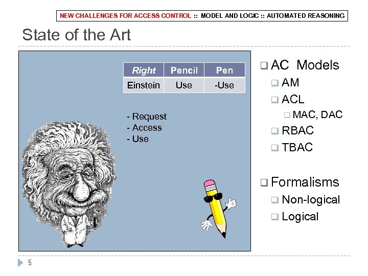 NEW CHALLENGES FOR ACCESS CONTROL : : MODEL AND LOGIC : : AUTOMATED REASONING