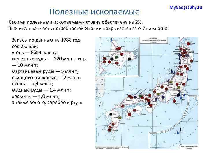 Полезные ископаемые Своими полезными ископаемыми страна обеспечена на 2%. Значительная часть потребностей Японии покрывается