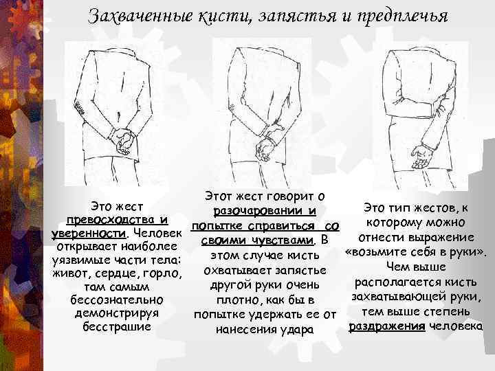 Захваченные кисти, запястья и предплечья Этот жест говорит о Это жест Это тип жестов,