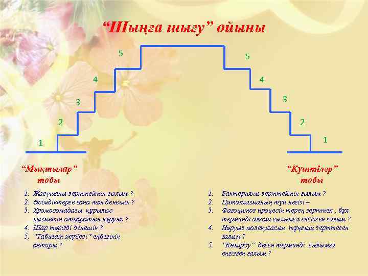 “Шыңға шығу” ойыны 5 5 4 4 3 3 2 2 1 1 “Мықтылар”