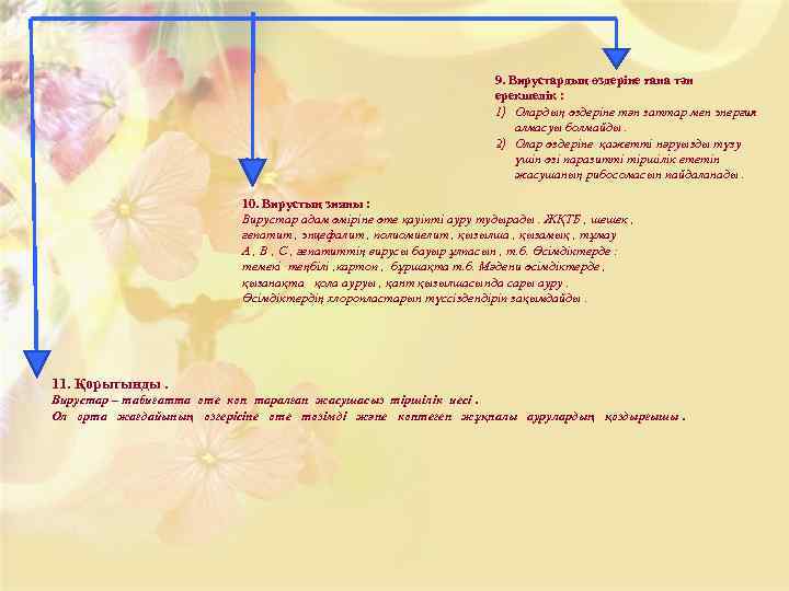 9. Вирустардың өздеріне ғана тән ерекшелік : 1) Олардың өздеріне тән заттар мен энергия