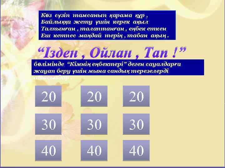 Көз сүзіп тамсанып қарама құр , Байлыққа жету үшін керек ақыл Талпынған , талаптанған