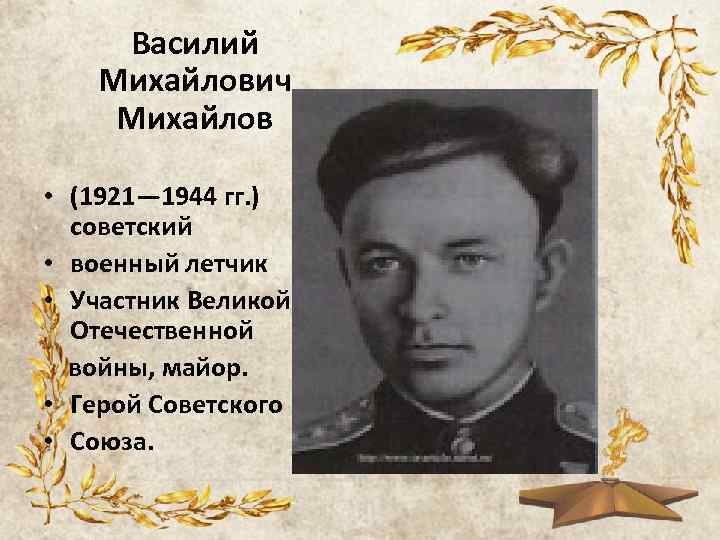 Василий Михайлович Михайлов • (1921— 1944 гг. ) советский • военный летчик • Участник