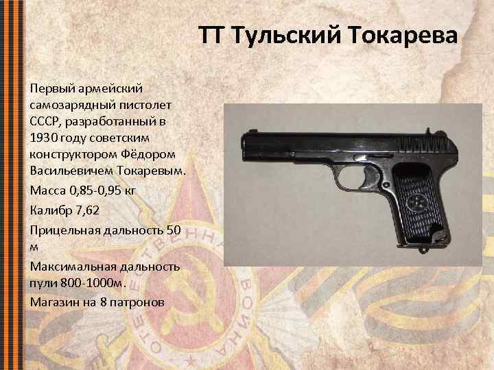 ТТ Тульский Токарева Первый армейский самозарядный пистолет СССР, разработанный в 1930 году советским конструктором