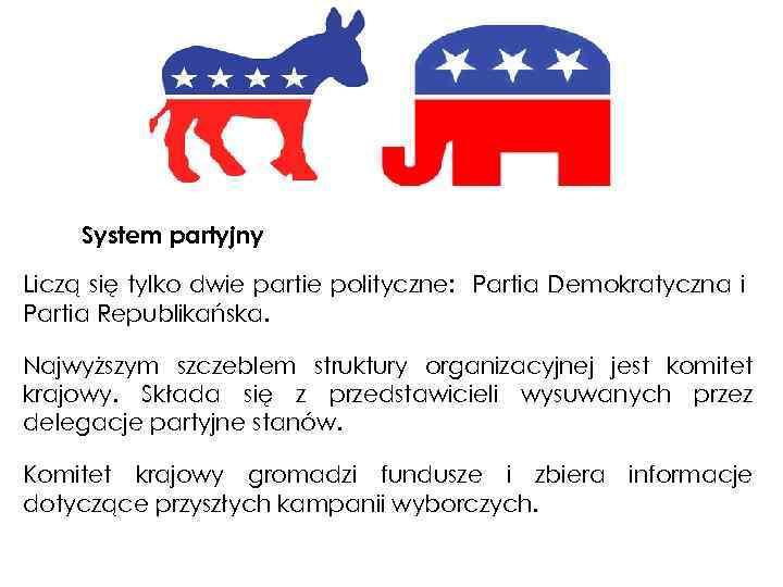 System partyjny Liczą się tylko dwie partie polityczne: Partia Demokratyczna i Partia Republikańska. Najwyższym