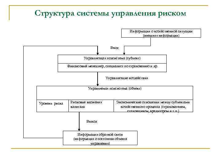 Структура системы управления риском Информация о хозяйственной ситуации (внешняя информация) Вход Управляющая подсистема (субъект)