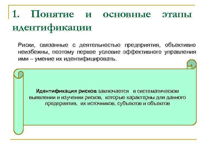 1. Понятие и идентификации основные этапы Риски, связанные с деятельностью предприятия, объективно неизбежны, поэтому