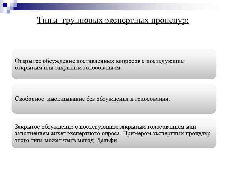 Типы групповых экспертных процедур: Открытое обсуждение поставленных вопросов с последующим открытым или закрытым голосованием.