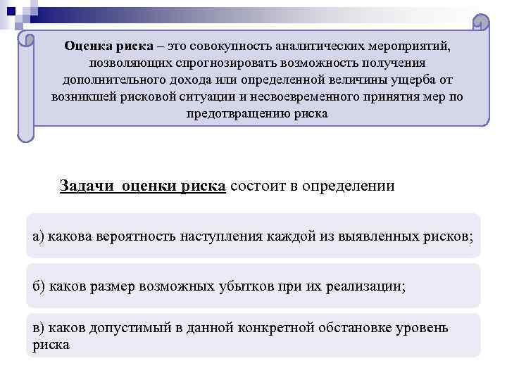 Оценка риска – это совокупность аналитических мероприятий, позволяющих спрогнозировать возможность получения дополнительного дохода или