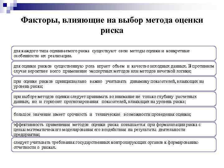 Факторы, влияющие на выбор метода оценки риска для каждого типа оцениваемого риска существуют свои